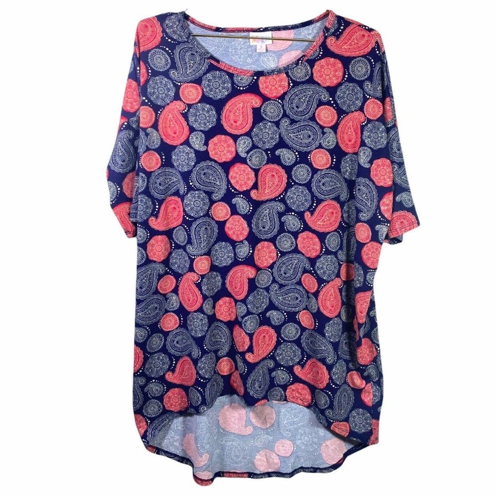 LuLaRoe Irma Red Blue Paisley Women's Short Sleeve Shirt Top Size Small S